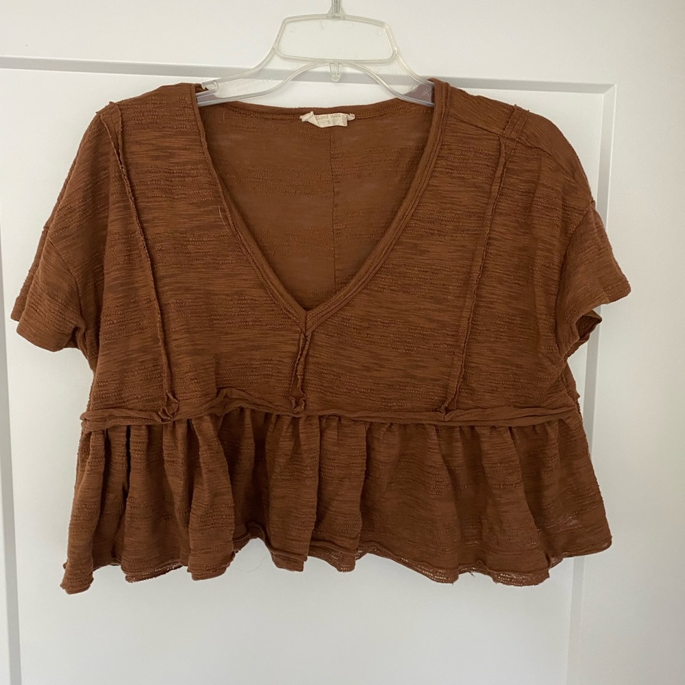 Altar'd State Brown V-Neck Ruffle Blouse